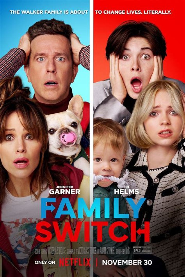 Family Switch &ndash; (L to R) Jennifer Garner as Jess, Emma Myers as CC, Ed Helms as Bill, Brady Noon as Wyatt and Matthais Schweighofer as Rolf in Family Switch. Cr. Colleen Hayes/Netflix &copy; 2023.